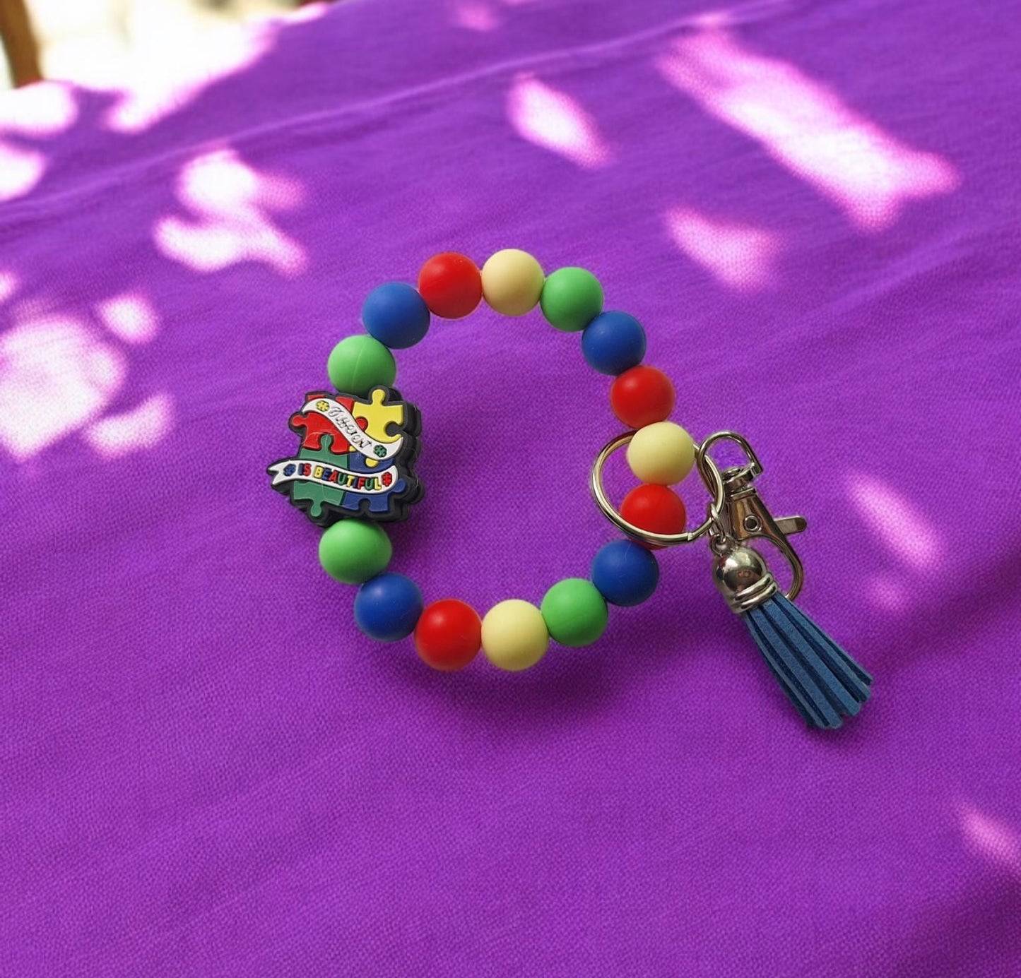 Silicone beaded wristlet keychain / different is beautiful silicone beaded wristlet keychain / autism bag accessories key chain