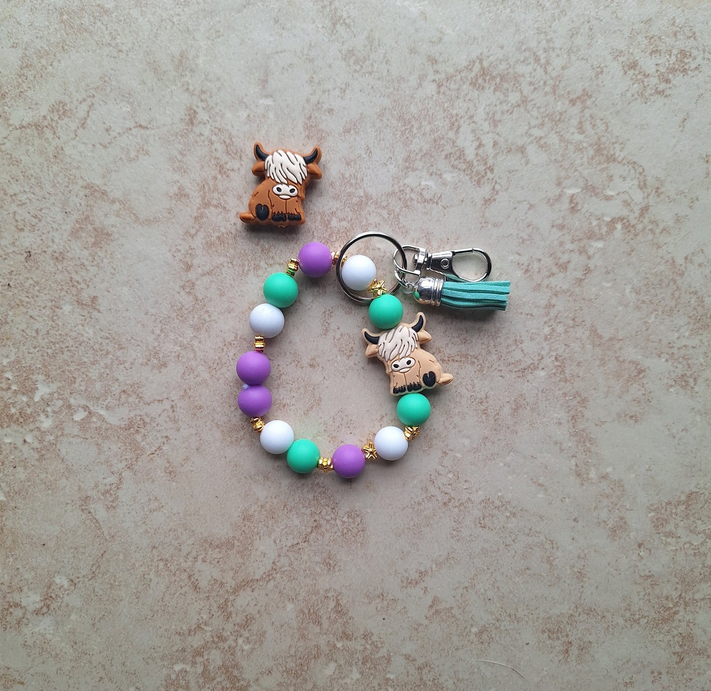 Silicone beaded wristlet keychain / tan brown highland cow silicone beaded wristlet keychain / purple teal cow bag accessory key chain gift