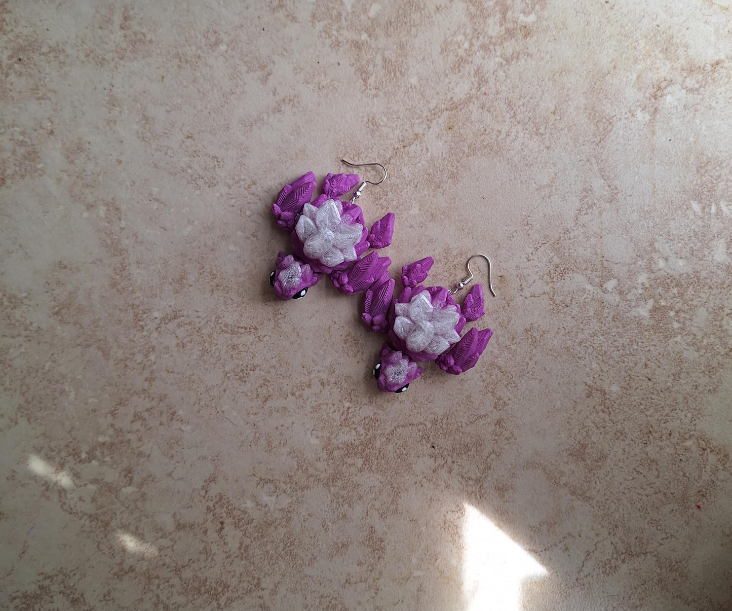 3D articulated clear purple gemstone turtle earrings jewelry charm / 3d printed turtle animal gemstone crystal turtle dangle earrings Fidget