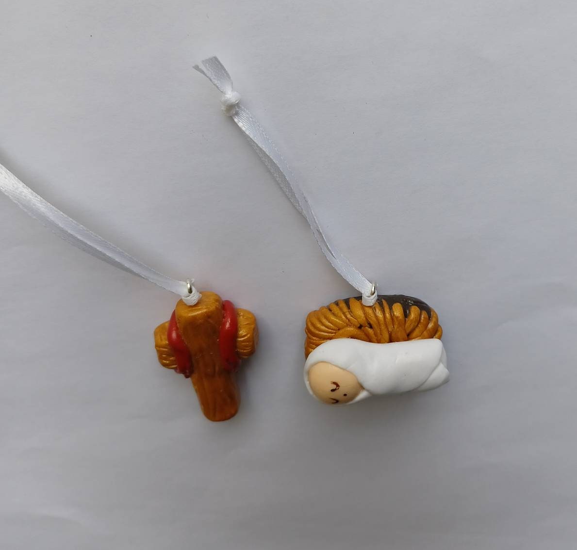 Baby Jesus ornament / cross ornament / religious ornament / polymer clay christmas ornament / Manger ornament / nativity ornament set of 2