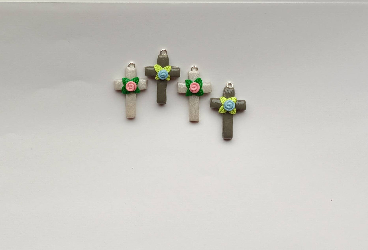 Clay cross with rose charms / polymer clay floral cross charms /  Christian jewelry charms / tiny clay cross charms