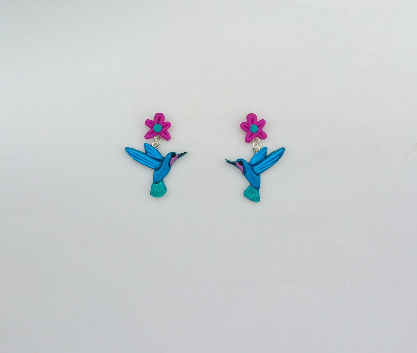 Kawaii floral humming bird earrings / polymer clay floral dangle earrings / clay hummingbird jewelry / floral hummingbird earrings
