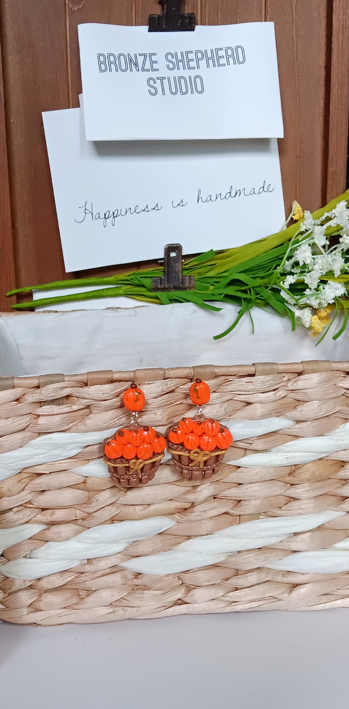 Kawaii pumpkin earrings / polymer clay pumpkin orchard basket stud dangle earrings / kawaii pumpkin fall jewelry / clay autumn earrings