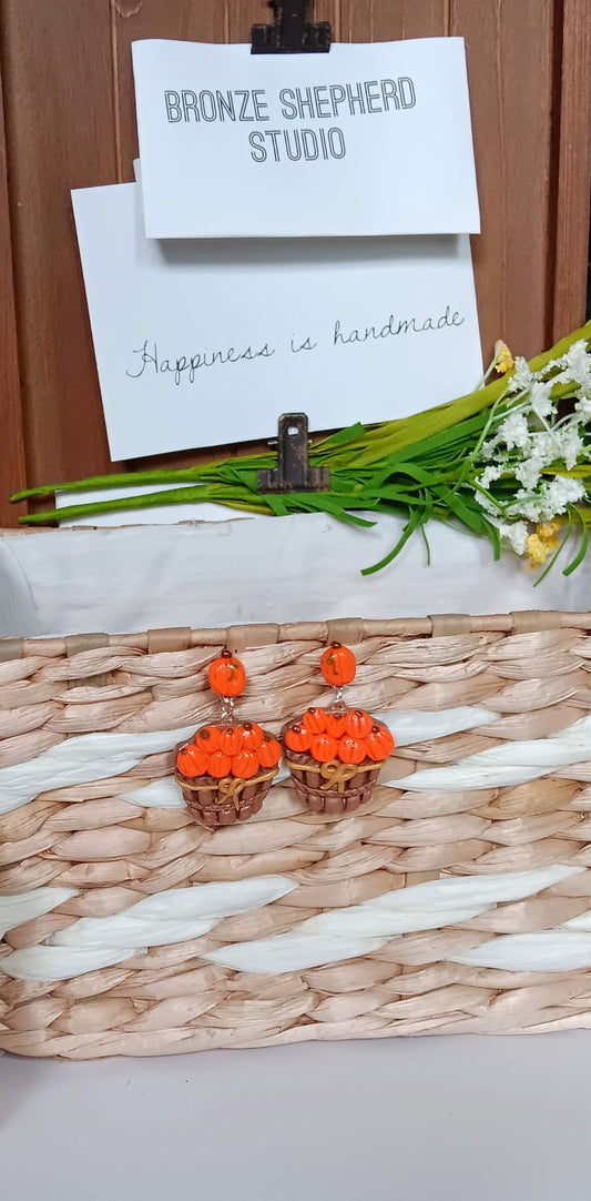 Kawaii pumpkin earrings / polymer clay pumpkin orchard basket stud dangle earrings / kawaii pumpkin fall jewelry / clay autumn earrings
