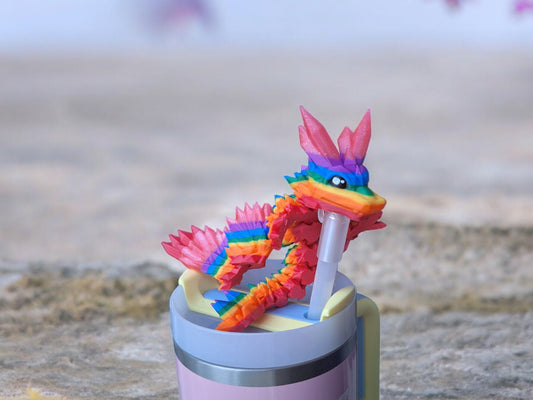 3D articulated rainbow crystalwing dragon straw cap / 3d printed dragon animals / crystal wing tadling straw topper cover Fidget figurines