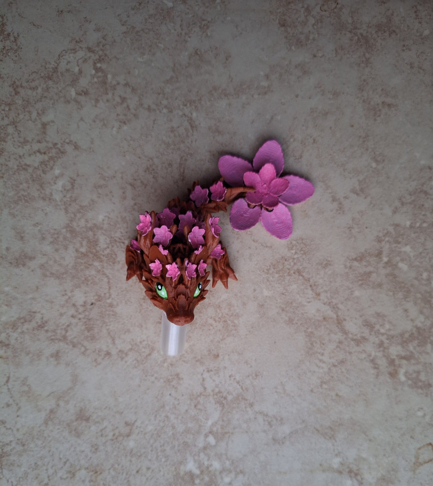 3D articulated cherry blossom dragon straw cap / 3d printed dragon animal / flower sakura dragon tadling straw topper cover Fidget figurines