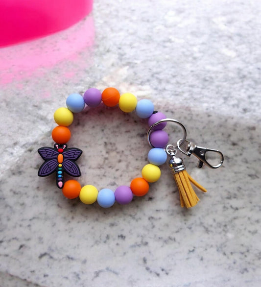 Silicone beaded wristlet keychain / rainbow dragonfly silicone beaded wristlet keychain / butterfly dragonfly bag accessories key chain