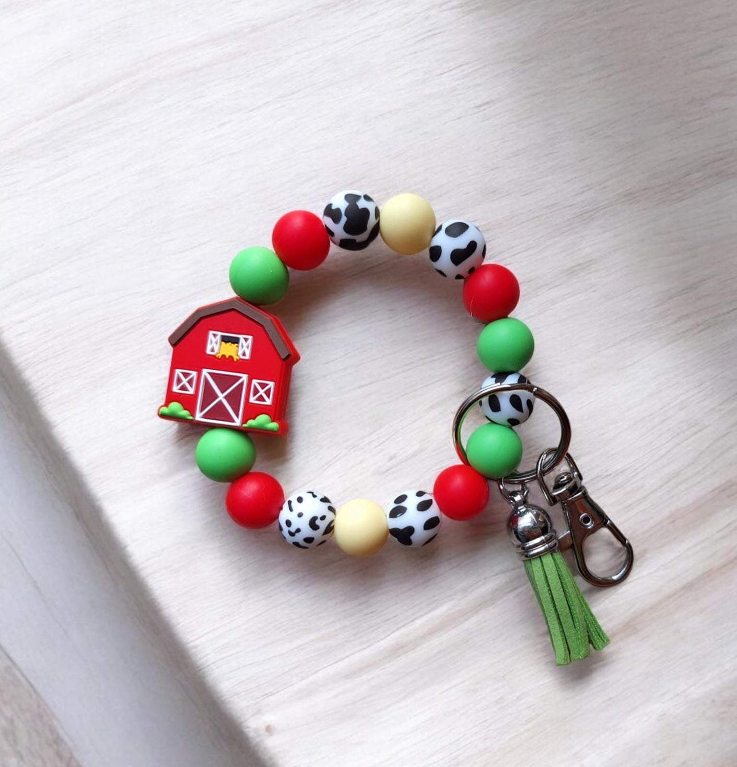 Silicone beaded wristlet / red barn cow farm farmer silicone beaded wristlet keychain / country western bag accessories key chain