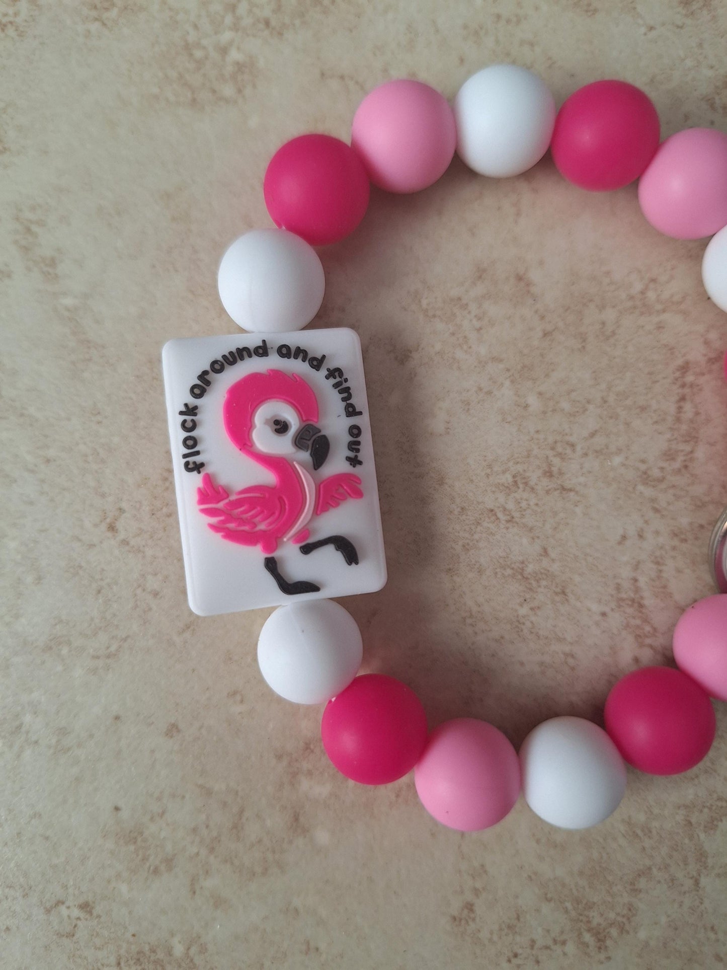 Silicone beaded wristlet keychain pink flamingo / flock around silicone beaded wristlet keychain / flamingo bag accessories key chain gift