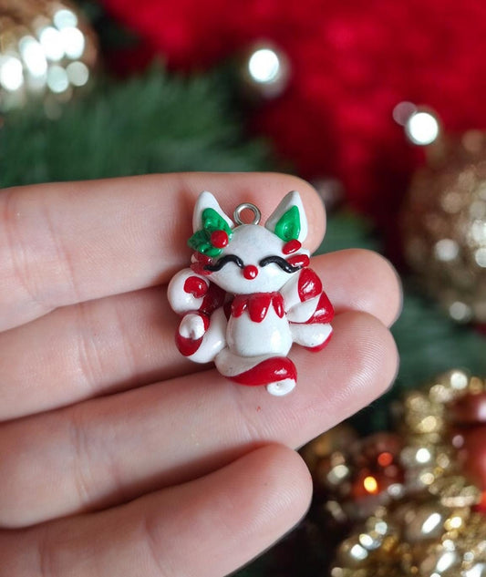 Clay Holly candy cane kitsune fox christmas charms / polymer clay holiday kawaii fox animal charms stitchmarker progress keeper notions