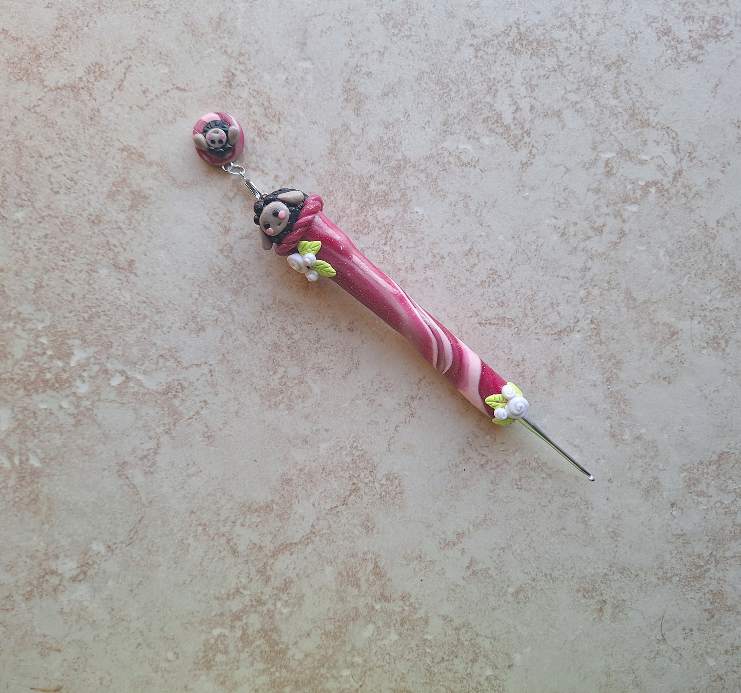 Polymer clay cute black sheep crochet hook with stitch marker