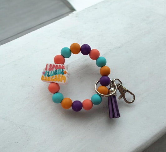 Silicone beaded wristlet keychain speak fluent sarcasm  / sarcastic silicone beaded wristlet keychain / bag accessories key chain gift