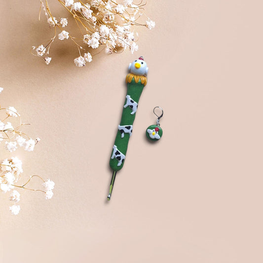 Polymer clay cute cow chicken crochet hook with stitch marker