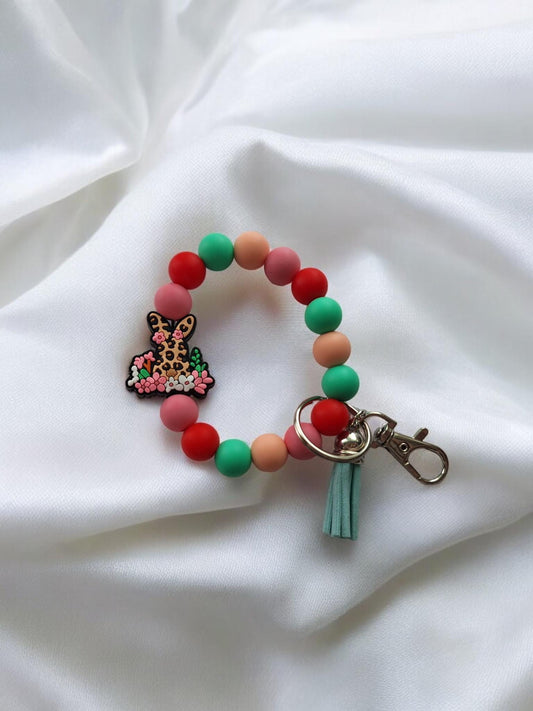 Silicone beaded wristlet keychain / leopard print floral bunny silicone beaded wristlet keychain / Easter faith bag accessories key chain