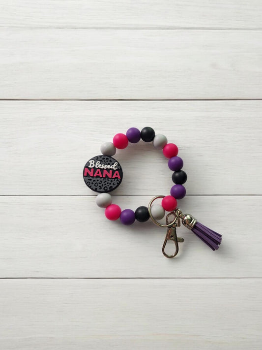 Silicone beaded wristlet keychain / blessed nana silicone beaded wristlet keychain / leopard print bag accessories key chain