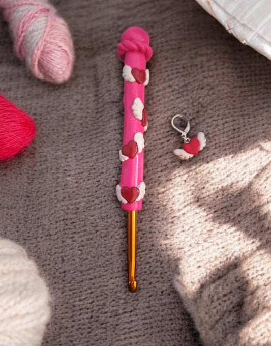 Polymer clay pink valentine heart wing crochet hook
