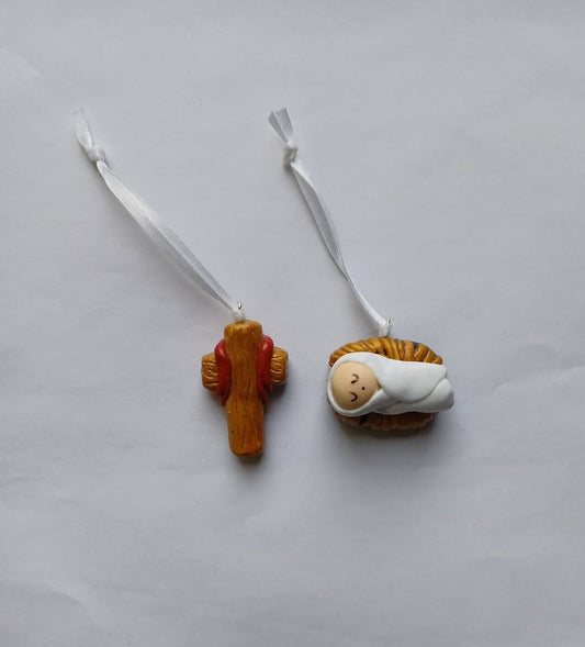 Baby Jesus ornament / cross ornament / religious ornament / polymer clay christmas ornament / Manger ornament / nativity ornament set of 2