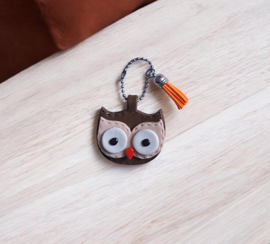 Polymer clay owl faux leather look stitch style keychain / cute clay owl bag accessories key chain
