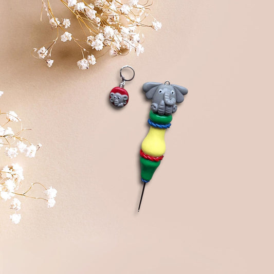 Polymer clay cute circus elephant color block crochet hook with stitch marker