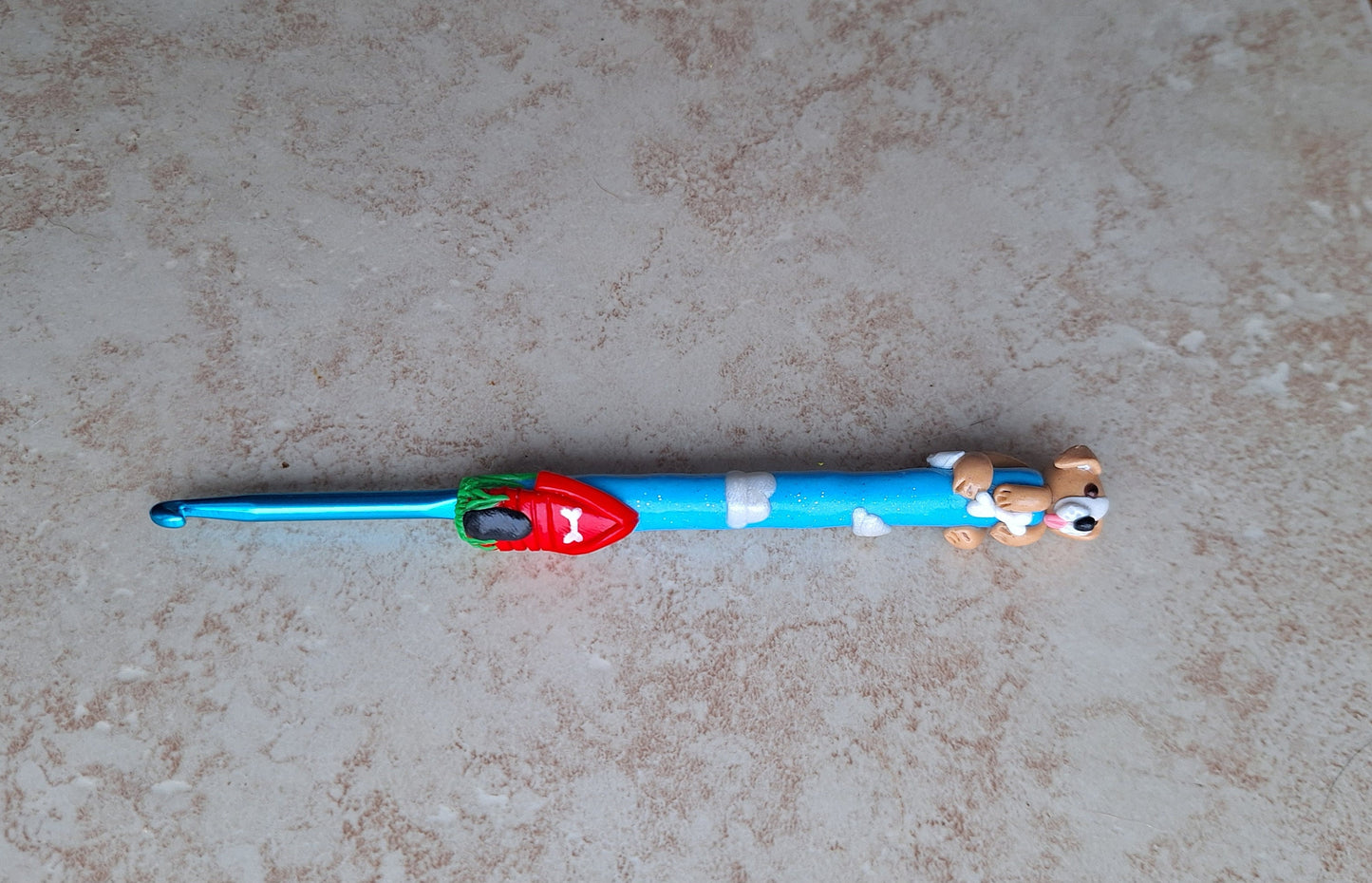 Polymer clay dog clouds red dog house crochet hook
