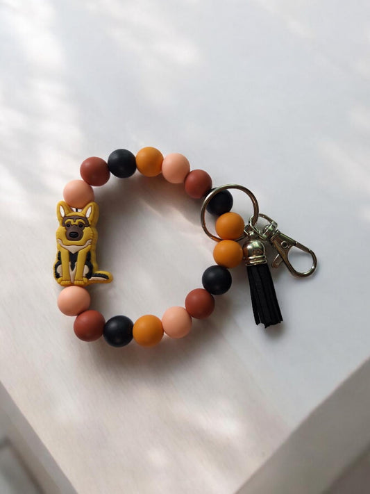 Silicone beaded german shepherd dog wristlet keychain / hand beaded puppy dog wristlet keychain