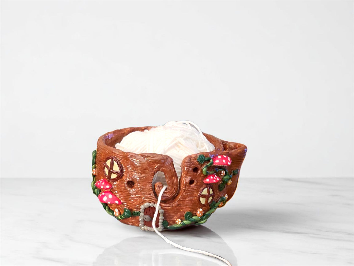 Handmade clay mushroom toadstool forest yarn bowl / fairy garden house whimsical yarn bowl crochet knitting accessories tools