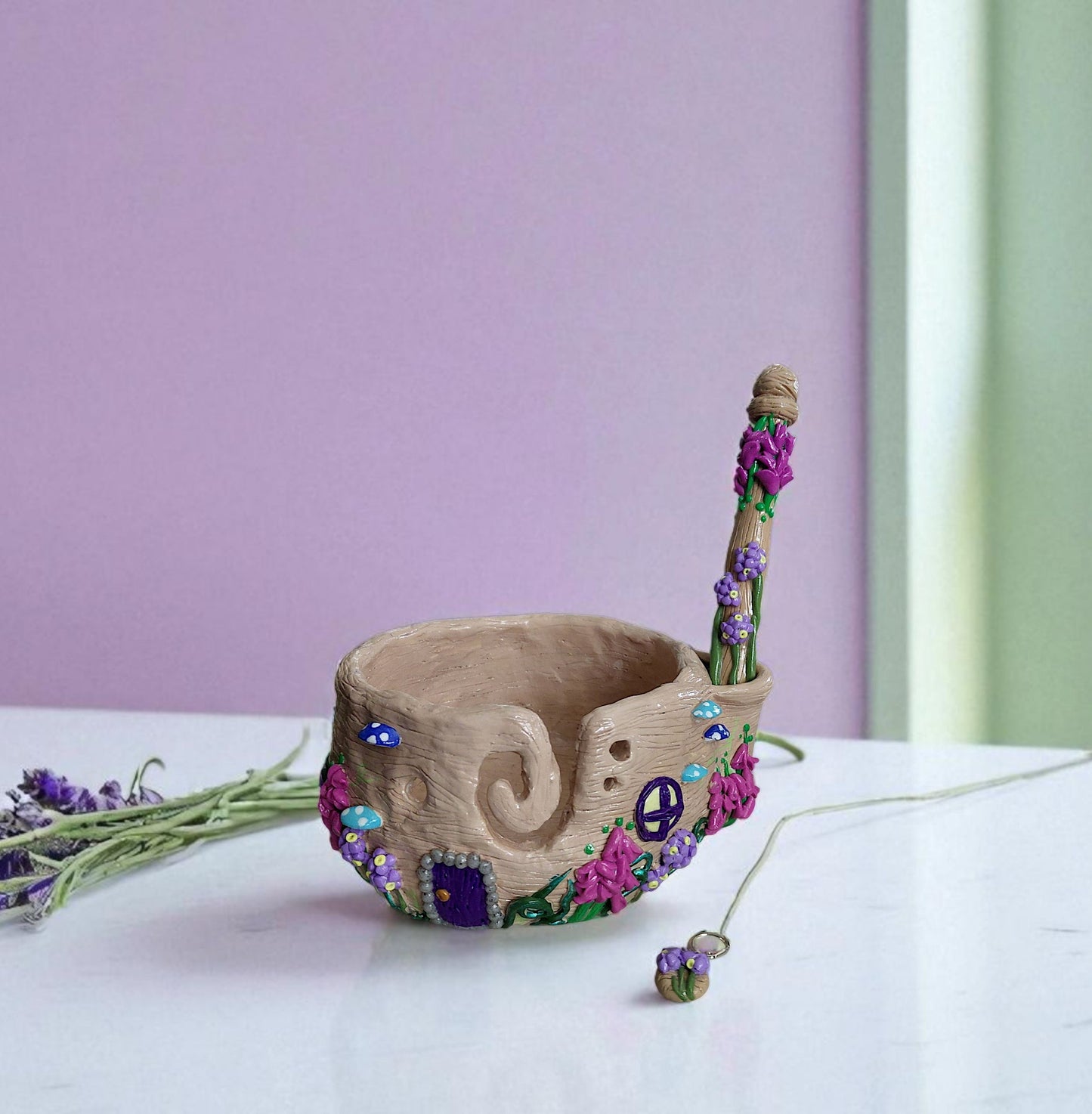 Handmade clay mushroom toadstool forest yarn bowl / fairy garden house whimsical yarn bowl crochet knitting accessories tools