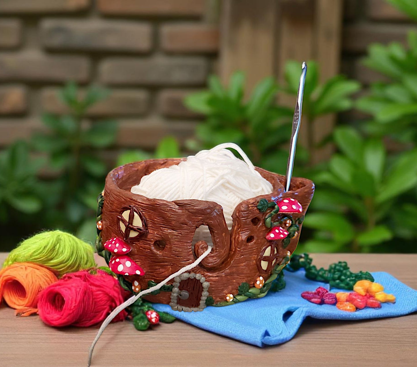 Handmade clay mushroom toadstool forest yarn bowl / fairy garden house whimsical yarn bowl crochet knitting accessories tools